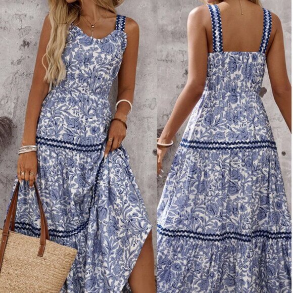 By Design Dresses & Skirts - Boho Floral Ribbon Trim Maxi Dress Blue